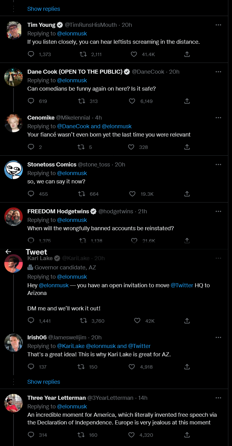Elon Musk tweets "the bird is freed." These replies float to the top.