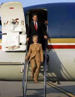 Hillary Clinton steps down from her taxpayer-funded Learjet during campaign of Hate.