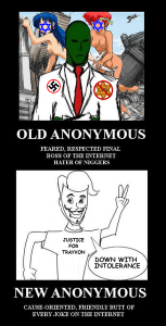 A polemic cartoon contrasts the no-prisoners humor of the "Old Anonymous" with the humorless "New Anonymous."