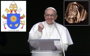 Pope Francis with his coat of arms and brass ring of power.